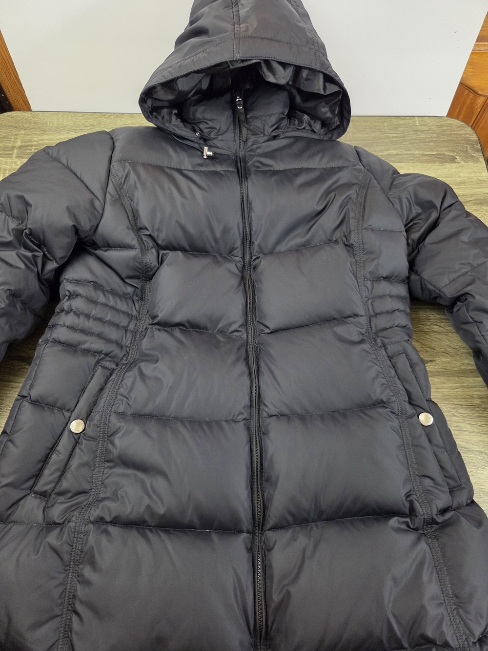 Lands' End Down Puffer Parka Jacket Women's Medium Black Hooded Coat Quilted